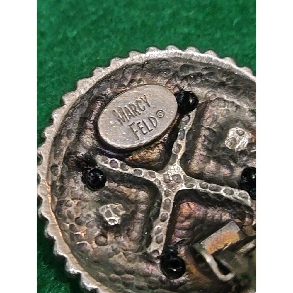 Signed Designer Marcy Feld Clip On Earrings Black Crystal Armor Shield Modern